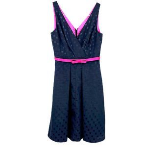 Tahari ASL-NWT! Black Dot V-Neck Fit-n-Flare Dress with pink accent & belt.